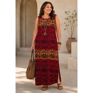 JM COLLECTION Animal Print Maxi Dress 2X NEW Artsy Sleeveless Sangria Red